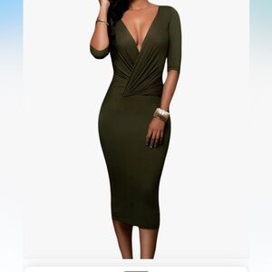 Green Ruched Sheath Dress with Plunge Neckline